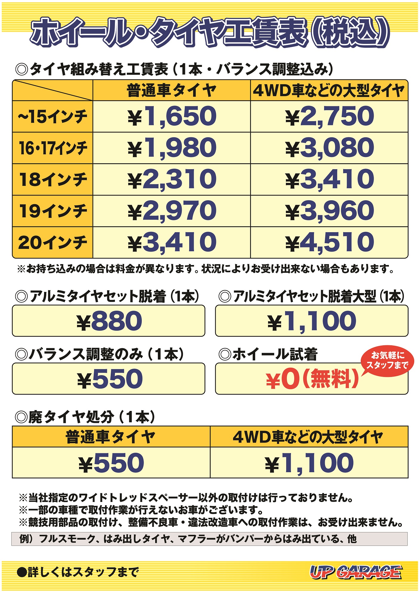 ホイールズ厚木インター店作業工賃表】ご購入の際のタイヤ組み換え ...